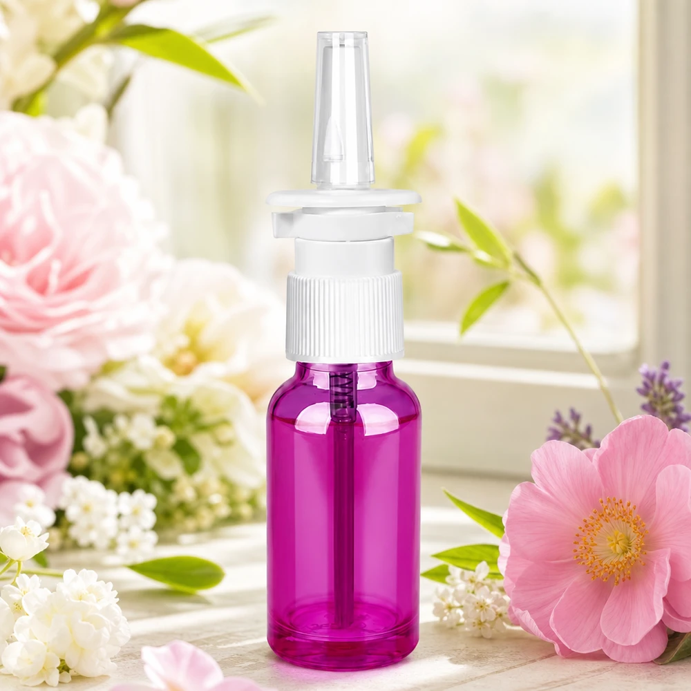 Frasco pulverizador nasal de 20ml blanco/transparente estándar PurpleLine. UT18/20 Pulverizador nasal compacto de 20 ml con rosca UT18/20 de color morado para aplicaciones médicas