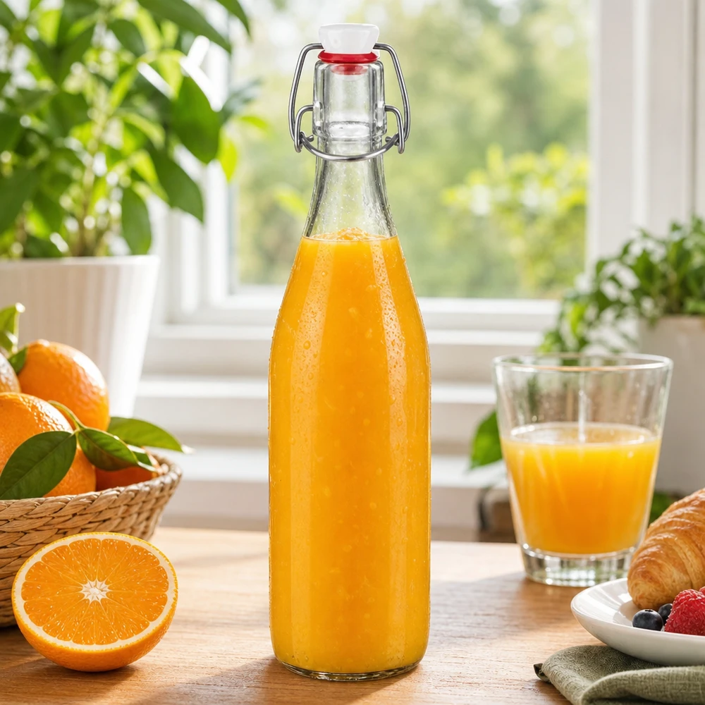 Botella de vidrio de 500 ml + tapa abatible de PVC UNiTWIST 500ml Glasflasche Bügelverschluss befüllt mit frischem Orangensaft Frühstück gesunde Getränke Vintage Design