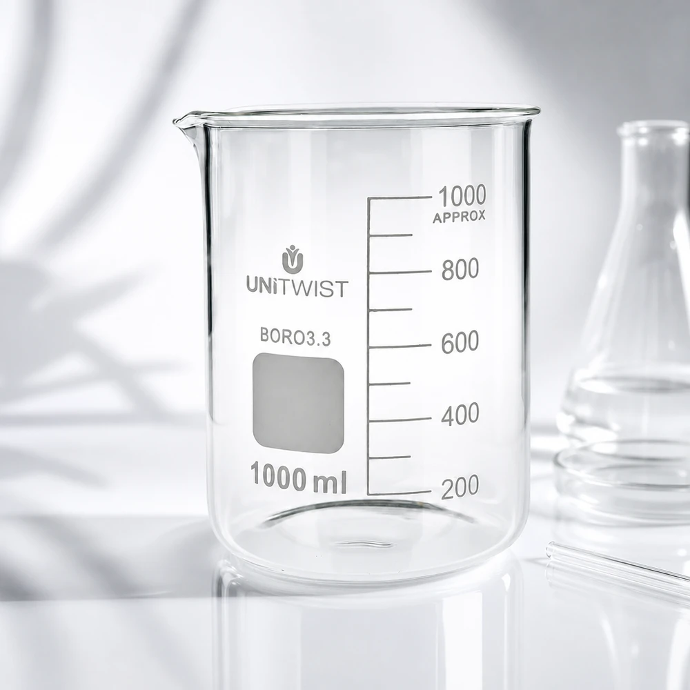 Vaso 1000ml borosilicato, molde bajo UNiTWIST Vaso de cristal UNiTWIST de 1000 ml, borosilicato 3.3, de forma baja, transparente y vacío, sobre fondo blanco