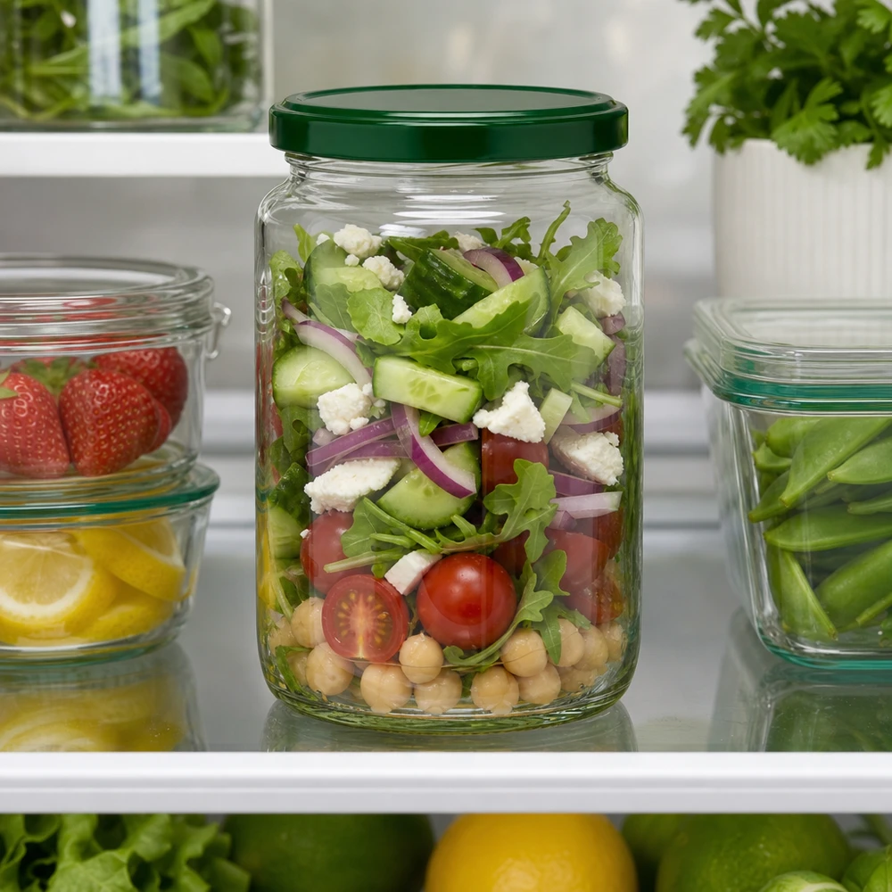 Tarro redondo 795ml + tapa BasicSeal verde UNiTWIST 795ml UNiTWIST Rundglas mit grünem Deckel gefüllt mit Salat im Kühlschrank - perfekt für Meal Prep und Vorratshaltung