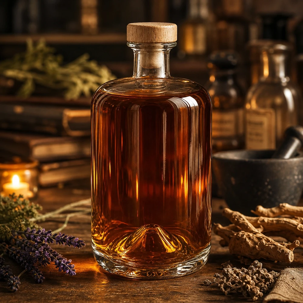Botella de farmacia de 700 ml «Sofia» con tapón de corcho con asa de madera UNiTWIST® Glasflasche Sofia 700ml mit Holzkorken in rustikaler Apotheker-Atmosphäre mit Kräutern und warmem Ambiente
