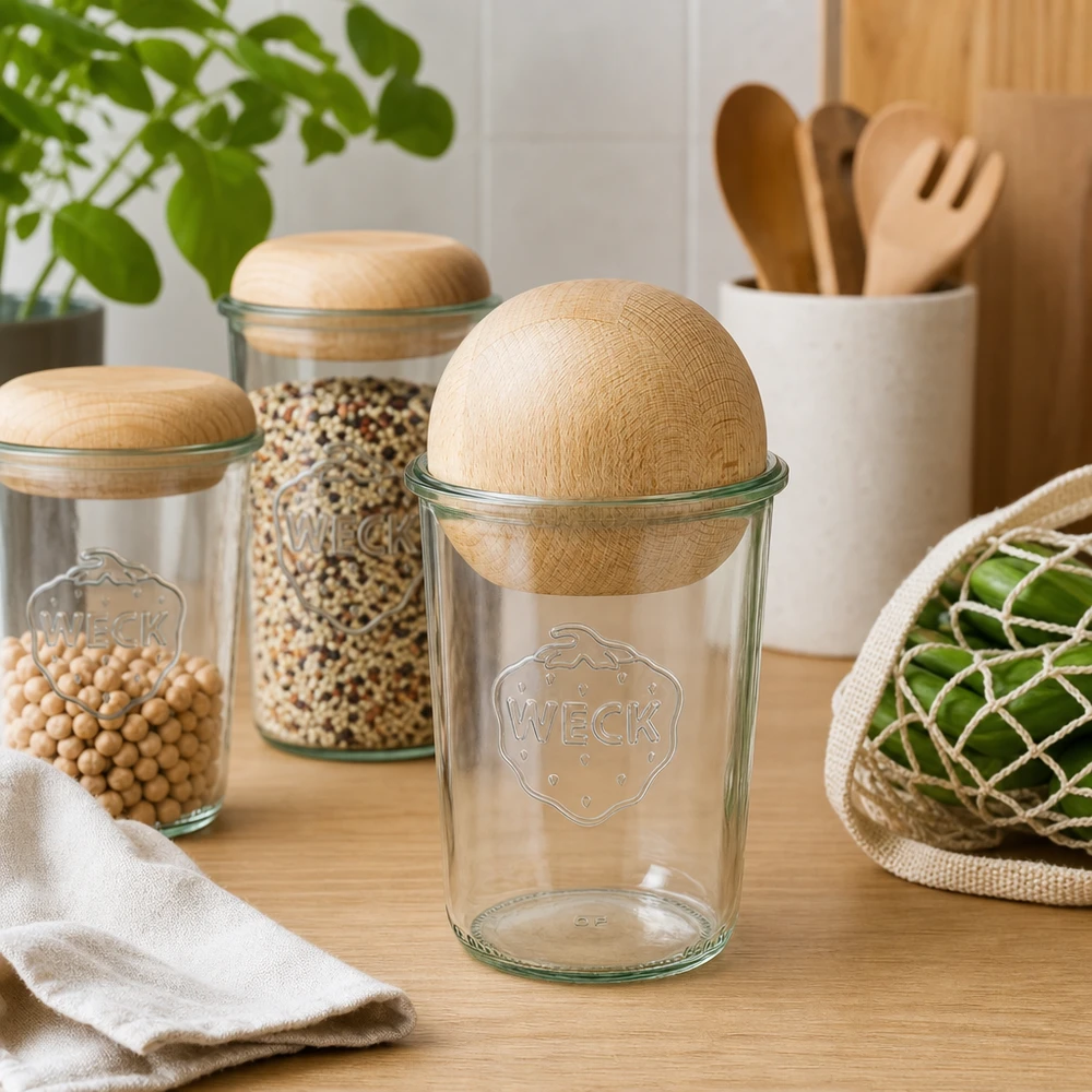 Tarro tulipa 850ml WECK RR100 con bola de madera haya WECK RR100 vasos 850ml vacío con bola de madera de haya sobre mesa de madera, equipamiento de cocina sostenible con utensilios de almacenamiento