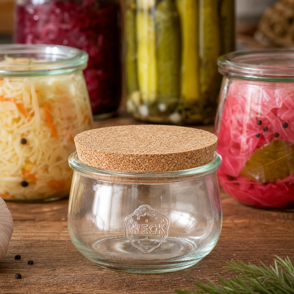 580ml tarro tulipán WECK RR100 con corcho natural WECK tarro tulipán RR100 580ml con corcho natural entre tarros de verduras fermentadas y decoración de pepino encurtido