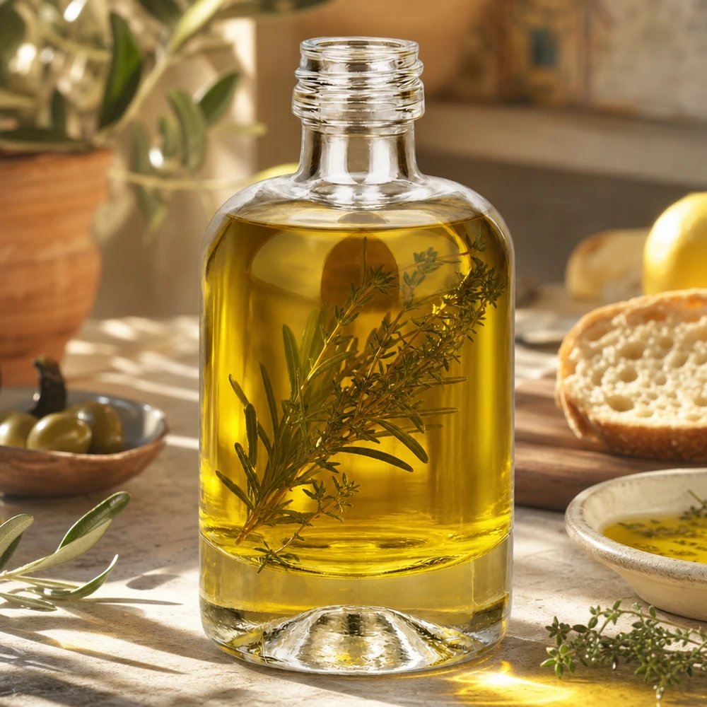 Botella de cristal de 40 ml Sara llena de aceite de hierbas como ejemplo de aplicación para cosmética y aromaterapia