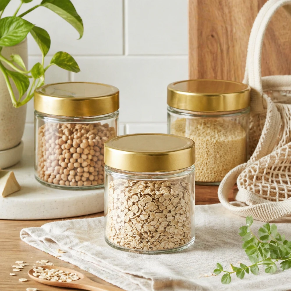 Tarro redondo de 154 ml con tapa BasicSeal dorada profunda UNiTWIST 154ml Rundglas BasicSeal gold Vorratsdosen Set Haferflocken Kichererbsen Quinoa nachhaltige Küchen Aufbewahrung