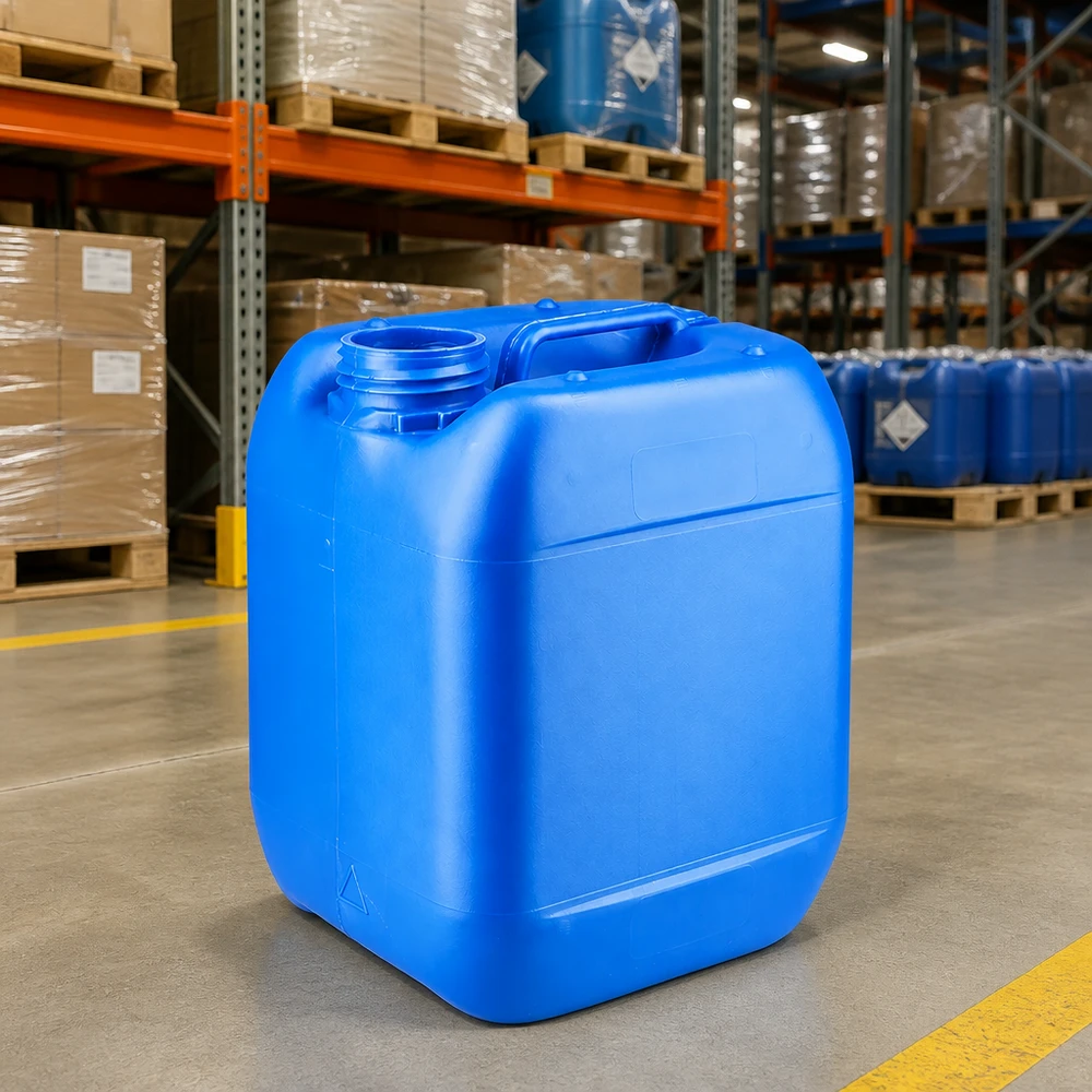 Bidón de plástico azul de 5 litros sin tapón en un almacén de productos químicos con estanterías altas