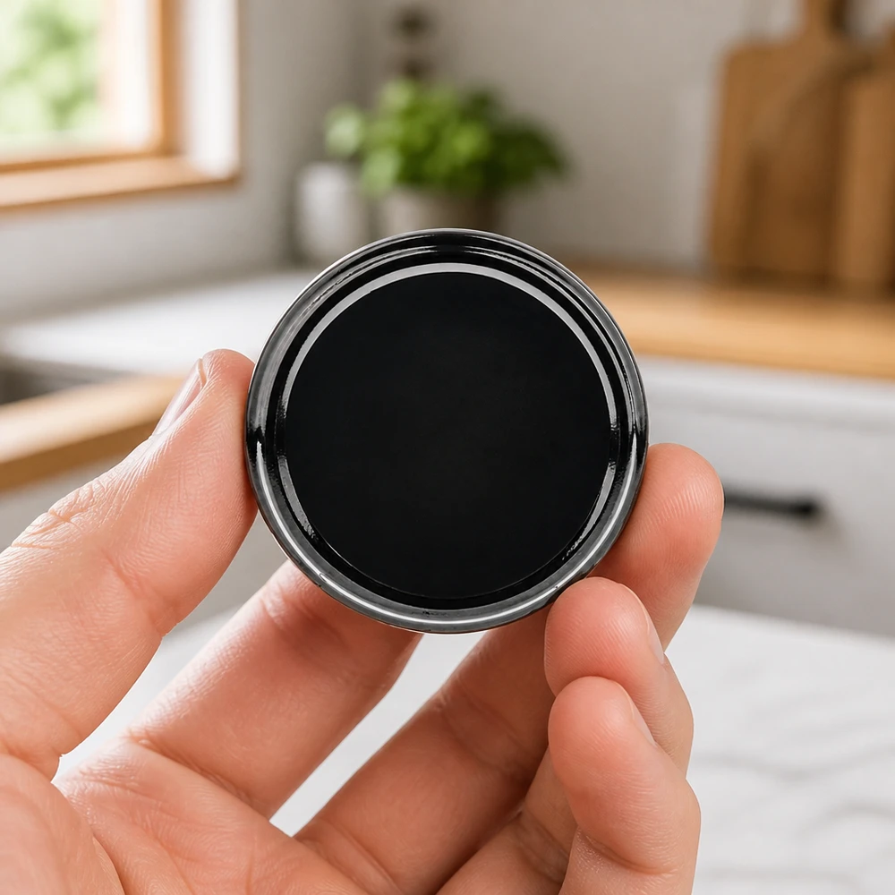 Tapa BasicSeal negra de 70 mm TO70 en una cocina, tomada con la mano, fondo UNiTWIST