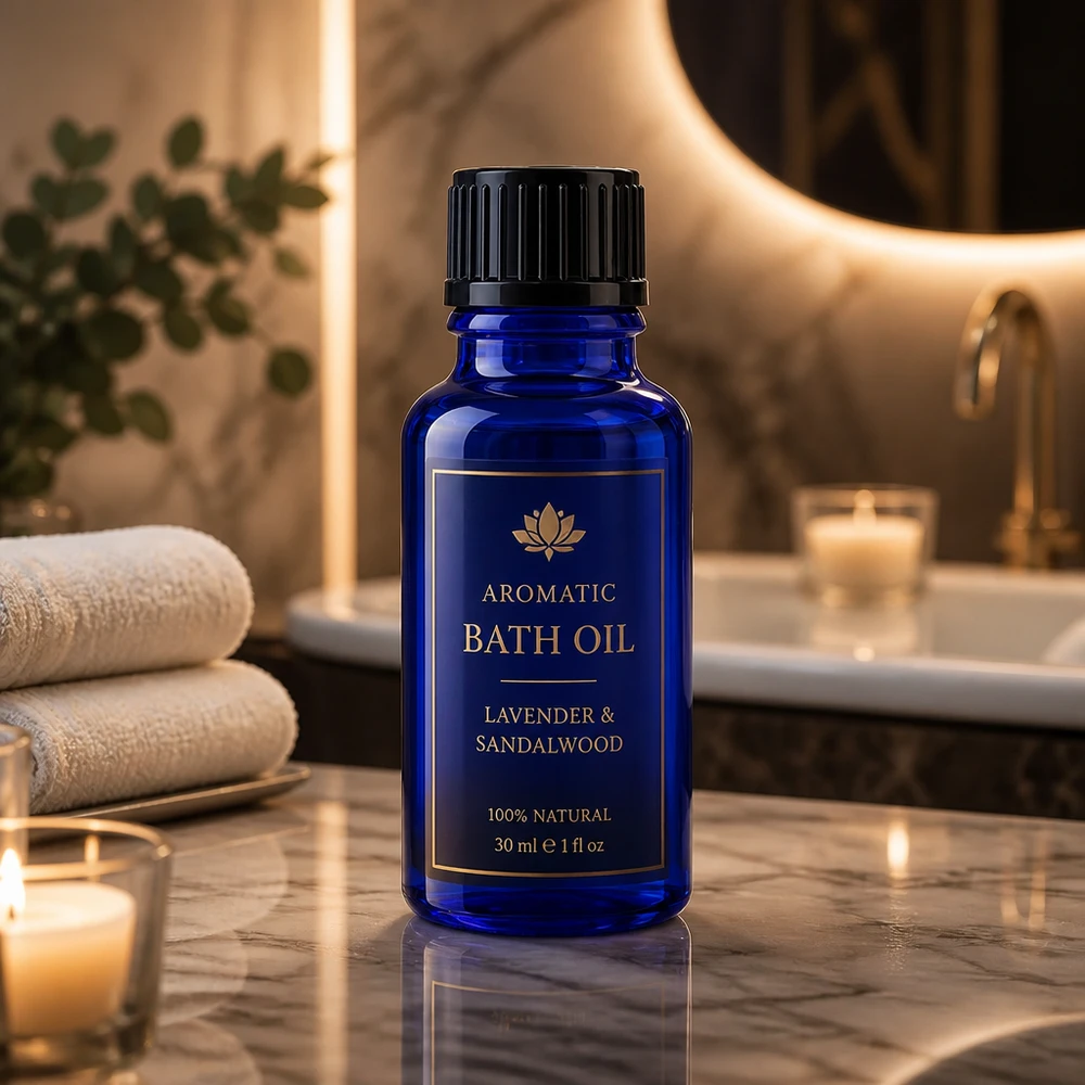 Botella de farmacia azul 20ml tapón rosca negro estándar Frasco de farmacia azul de 20 ml con tapón de rosca negro en un lujoso entorno de baño