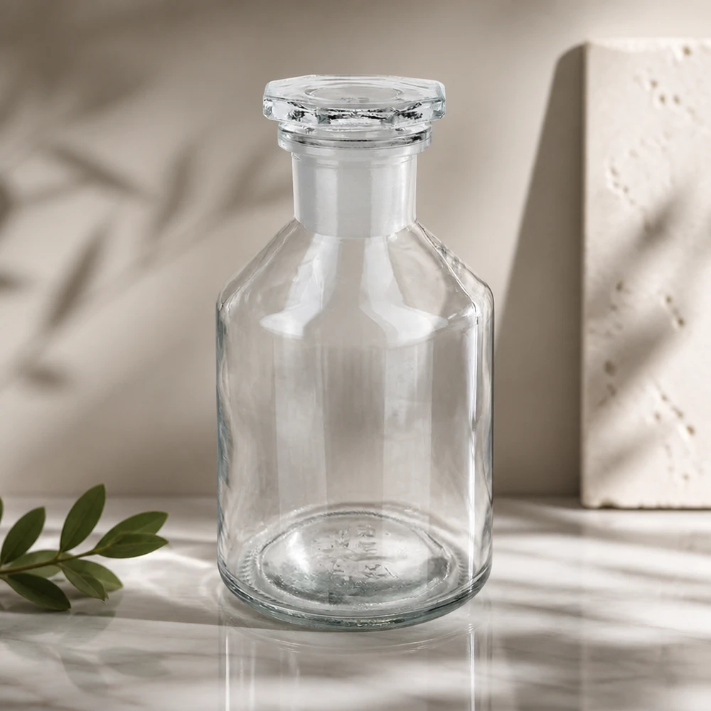 Botella vacía de 50 ml con cuello estrecho y cuerpo abombado, de cristal transparente con tapón de cristal facetado