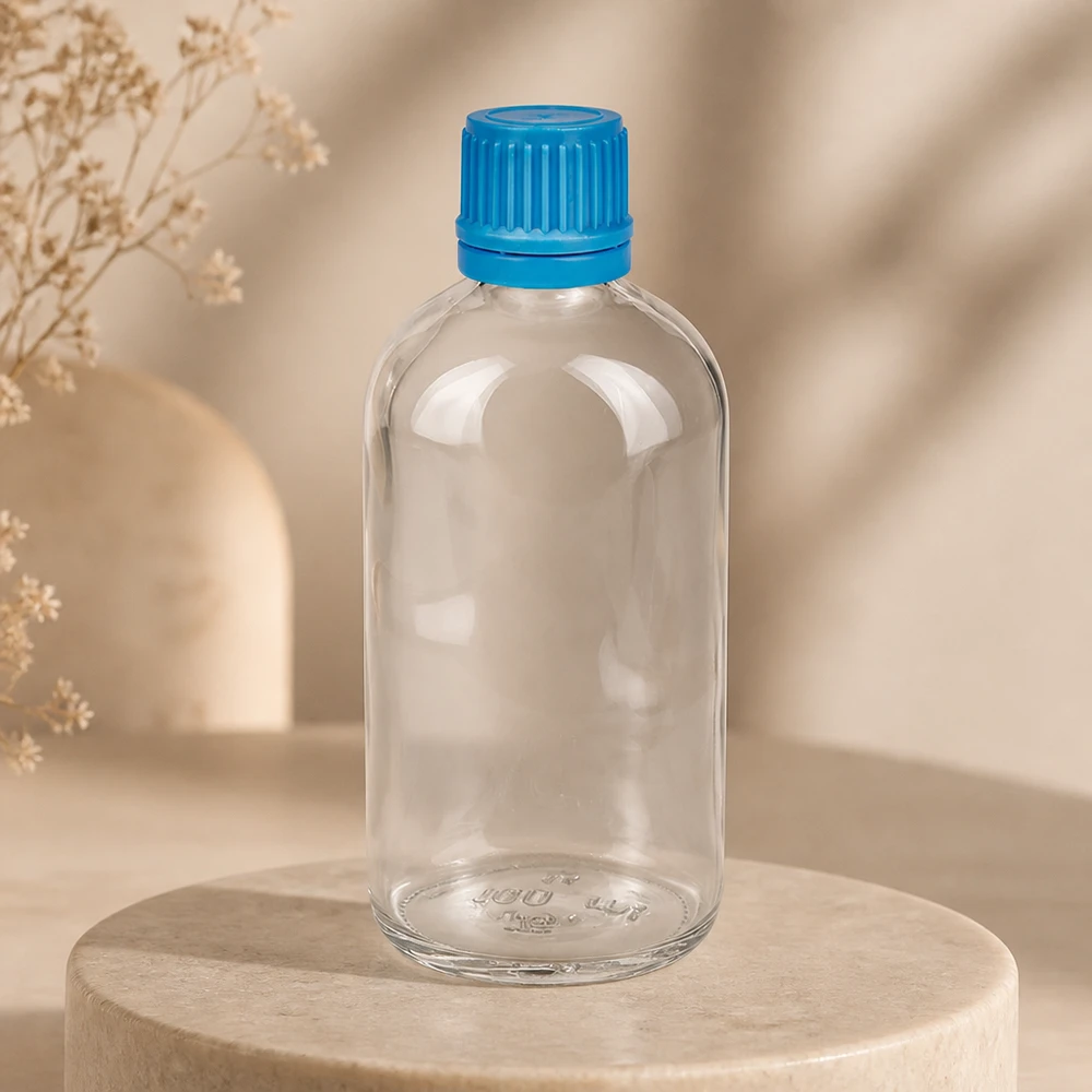 Botella 100ml tapón rosca 11mm azul ClearLine UT18/100 Frasco de farmacia vacío de 100 ml, de cristal transparente, con tapón de rosca azul acanalado, sobre una base de piedra