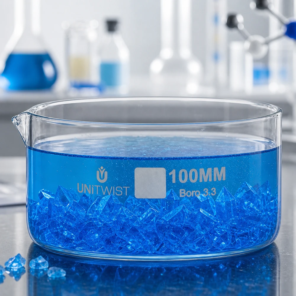 Cubeta de cristalización de 100 mm UNiTWIST Boro 3.3 con cristales azules. Vidrio borosilicato de laboratorio