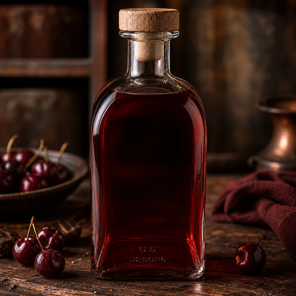 Botella de cristal Julia de 500 ml con tapón de corcho rellena de licor de cereza roja sobre madera rústica con cerezas frescas