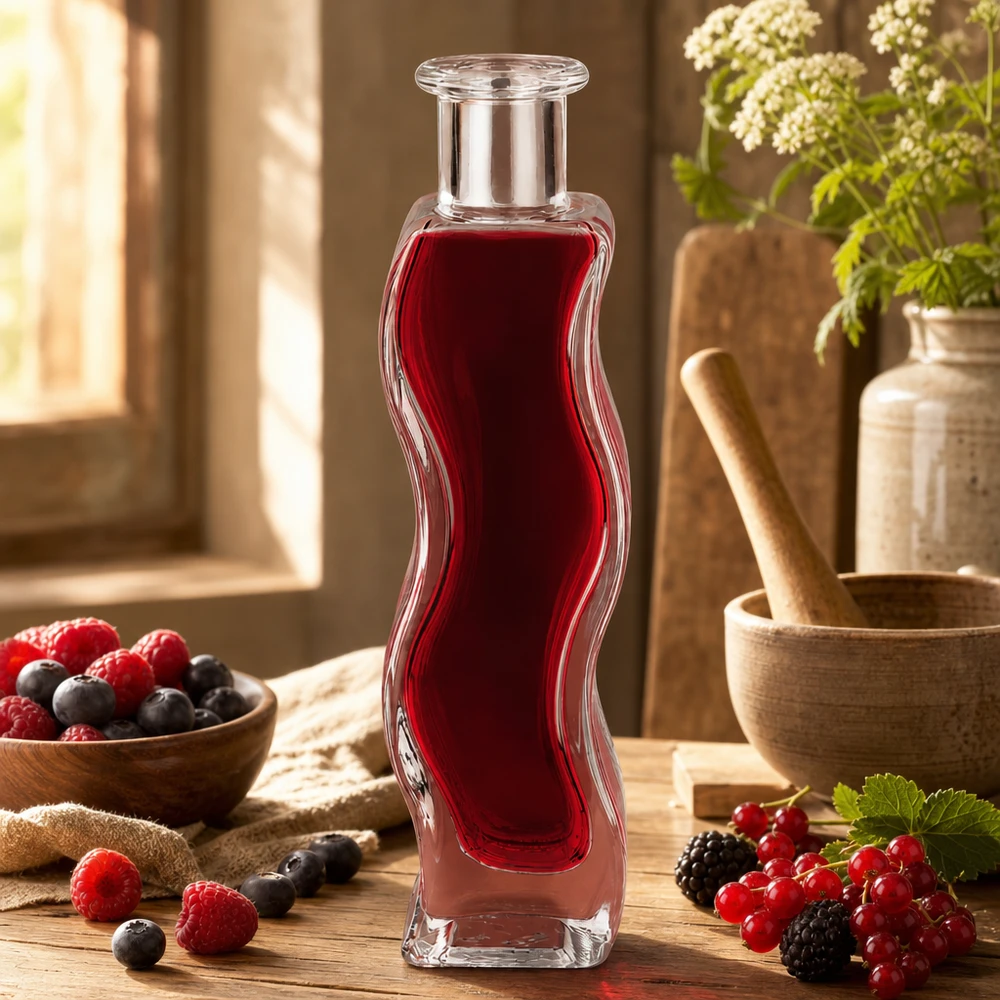 Botella de vidrio de 100 ml «Melissa» sin tapón UNiTWIST® Glasflasche Melissa 100ml mit rotem Beerensaft in natürlicher Küche umgeben von frischen Beeren und Holzschalen