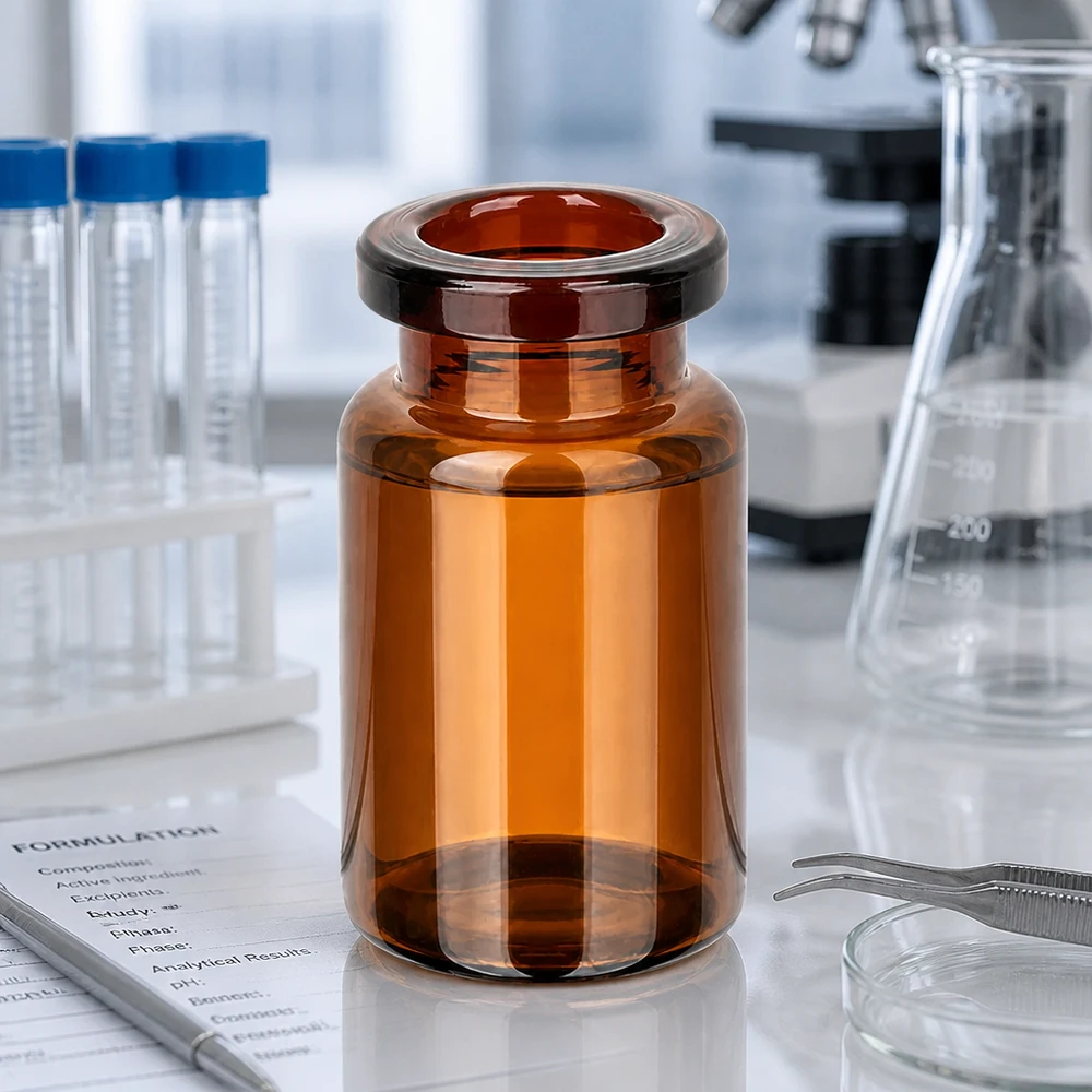Frasco de inyección vidrio ámbar 5ml Leere Injektionsflasche Braunglas 5ml neben Erlenmeyerkolben und Formulation Sheet