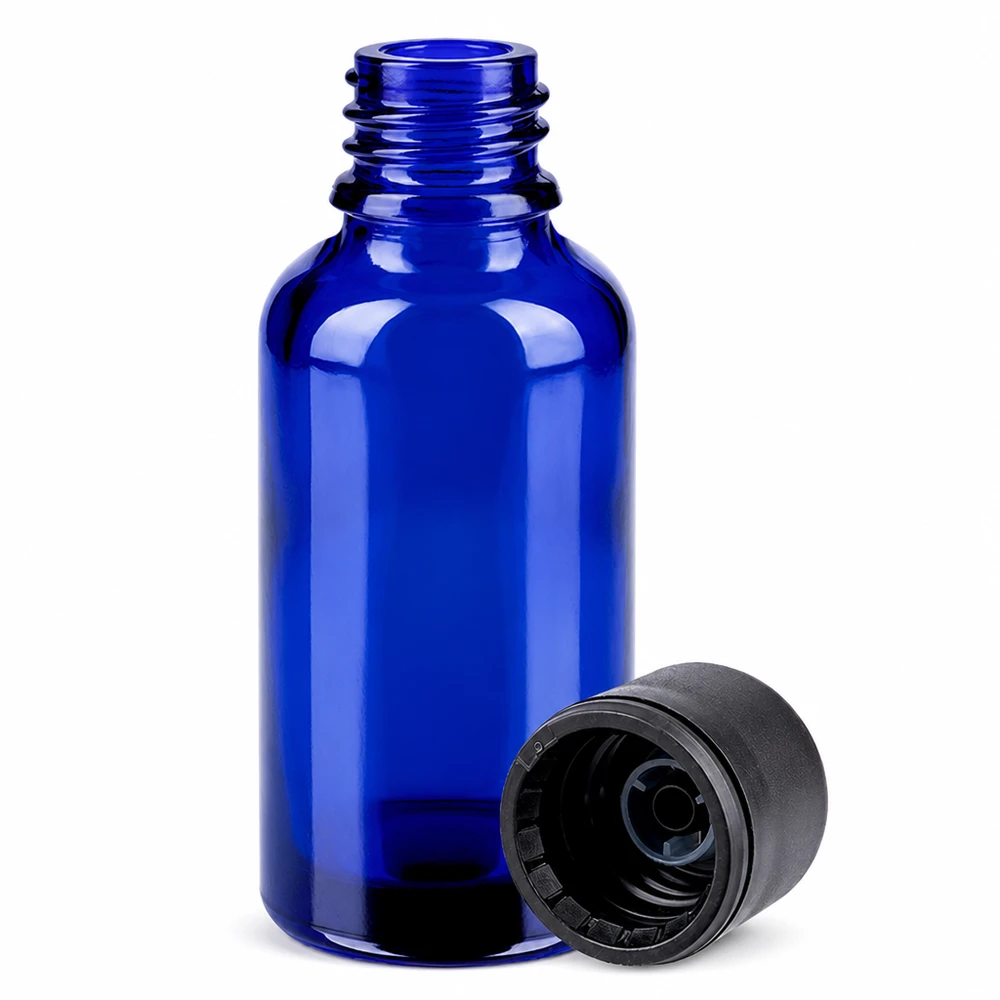 Frasco 30ml 6mm tapón rosca negro estándar BlueLine UT18/30 Frasco de vidrio cobalto de 30 ml con tapón de rosca para aromaterapia y cosmética natural Serie BlueLine