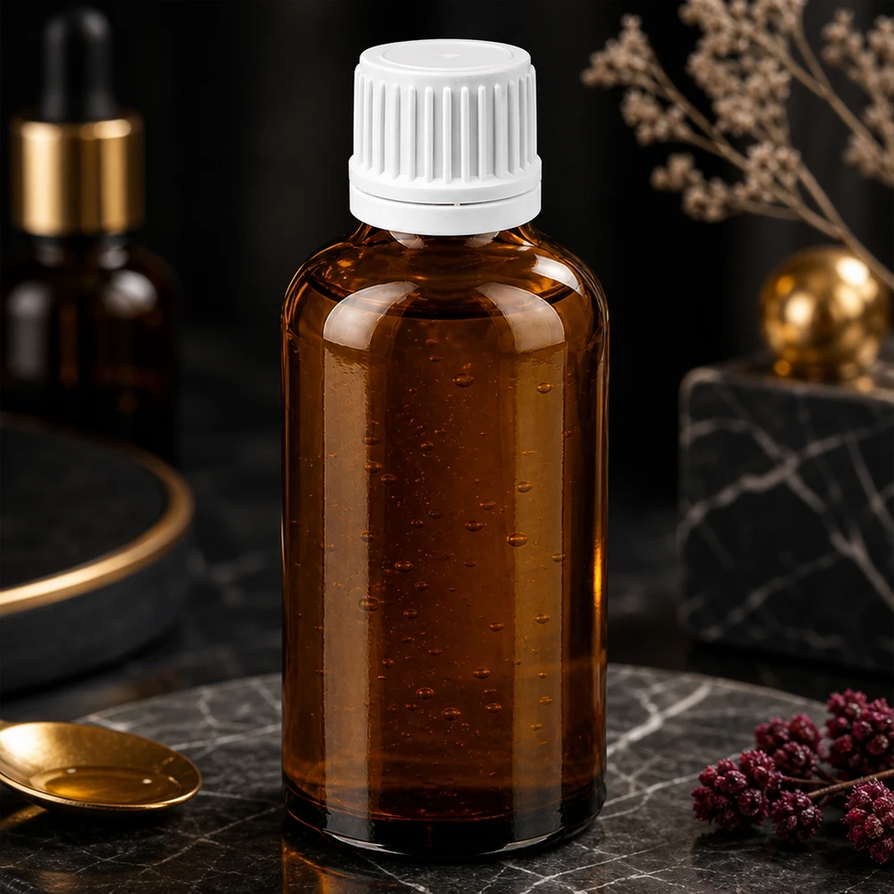 Frasco para medicamentos de 50 ml de vidrio ámbar con protección UV y tapón blanco de seguridad para productos de farmacia