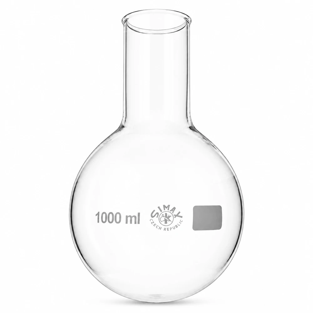 Matraz fondo redondo 1000ml cuello ancho Matraz de cuello ancho y fondo redondo de 1000 ml con marcas graduadas para mediciones precisas en el laboratorio