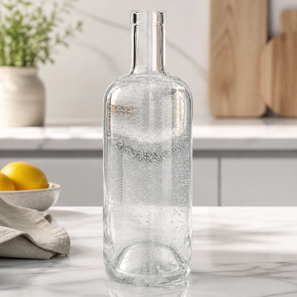 Botella de cristal de 750 ml Emma vacía en cocina blanca sobre encimera de mármol con limón y paño de cocina como decoración