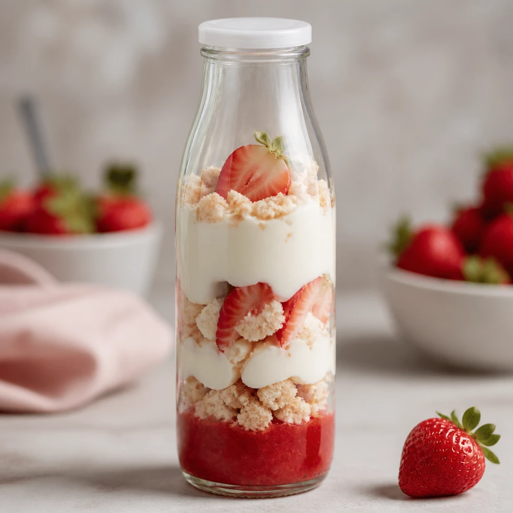Botella de cristal de 500 ml + tapa BasicSeal blanca UNiTWIST Botella de cristal de 500 ml con tapa blanca BasicSeal como tarro de postre lleno de fresas, nata y chispitas