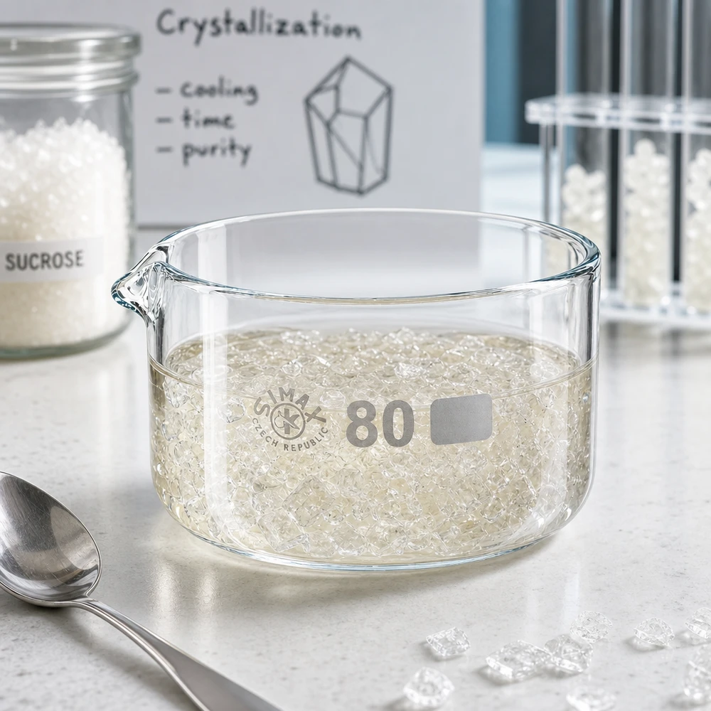 Cubeta de cristalización 150ml con pico borosilicato ø80mm Bandeja de cristalización de 150 ml para el experimento de cristalización de sacarosa con cristales de azúcar blanco de 80 mm de diámetro