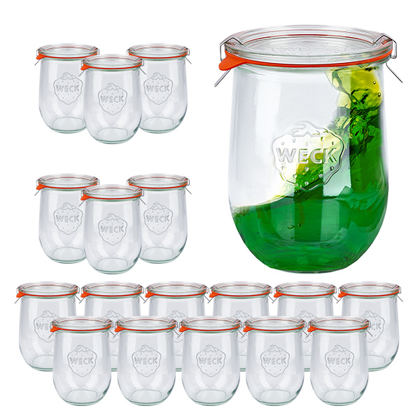 Juego de 18 tarros Weck 1062ml tulipán, vasos de 1 litro Juego de 18 tarros Weck 1062ml tulipán, vasos de 1 litro