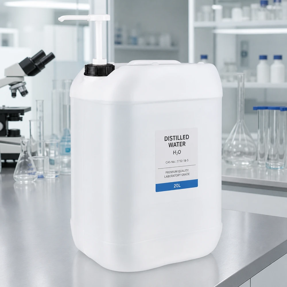 Bidón de laboratorio de 25 litros con bomba dosificadora, lleno de agua destilada, en el laboratorio