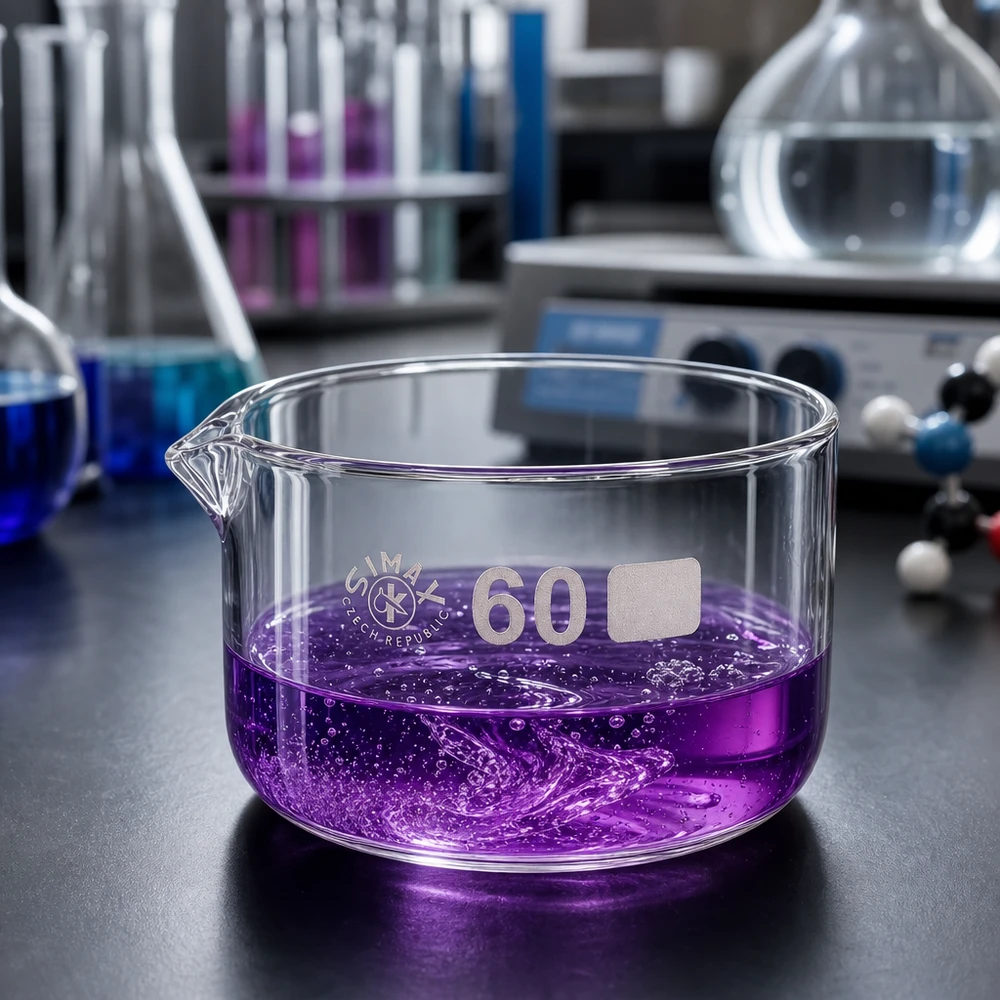 Recipiente de cristalización de 60 ml, solución violeta en ebullición, experimento de laboratorio, vidrio borosilicato, cilíndrico y plano