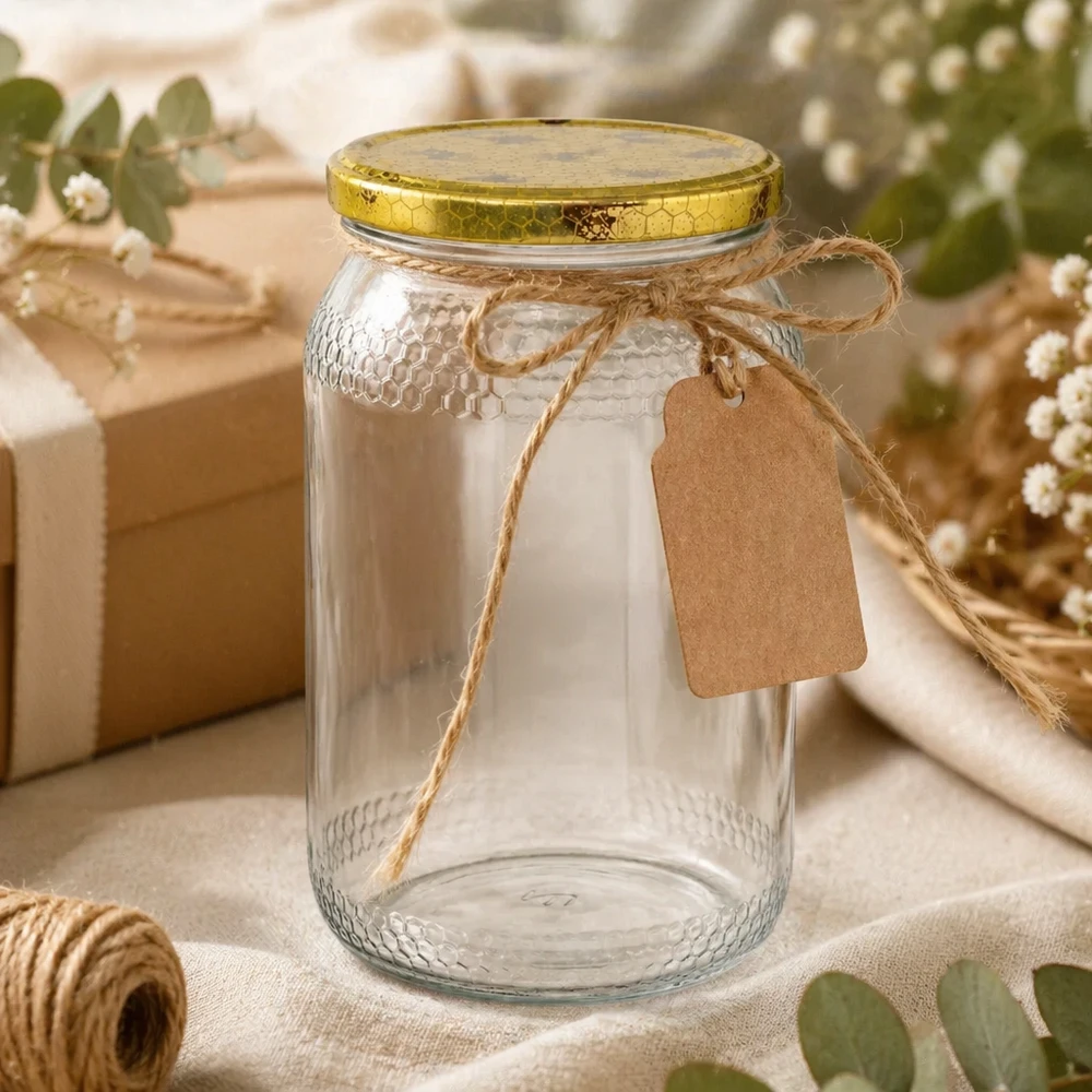 Tarro de miel de 900 ml vacío con etiqueta de papel kraft y cuerda de yute como decoración rústica de embalaje de regalo