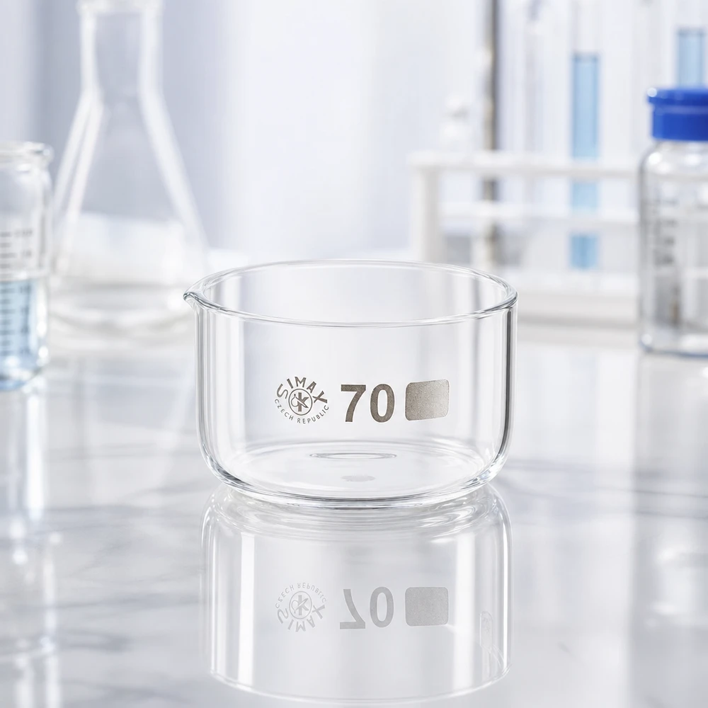 Cristalizador 100ml sin pico borosilicato ø70mm Recipiente de cristal transparente de 100 ml. Recipiente de cristalización Simax, de forma plana, con un diámetro de base de 70 mm.