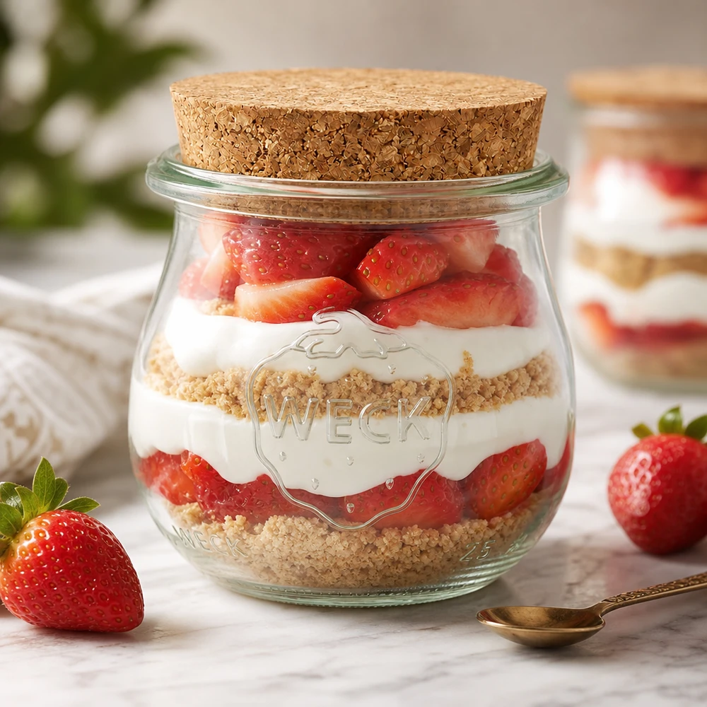 Tarro tulipa 75ml WECK RR40 con corcho natural WECK tarro tulipán 75ml RR40 como tarro de postre con fresas y nata en capas tapa de corcho postre en tarro