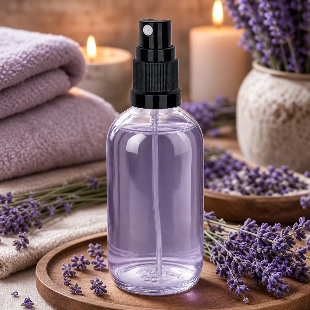Frasco pulverizador de 100 ml negro con tapón estándar ClearLine UT18/100 Spray aromático de lavanda en frasco de cristal ClearLine de 100 ml con pulverizador negro sobre una bandeja de madera