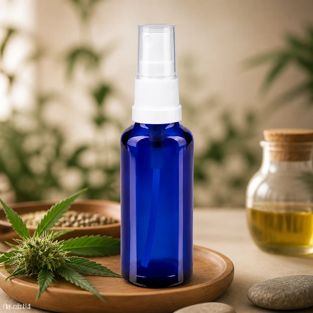 Frasco pulverizador ApoGlas azul de 30 ml con dosificador blanco, junto a una planta de cannabis y semillas de cáñamo sobre una bandeja de madera
