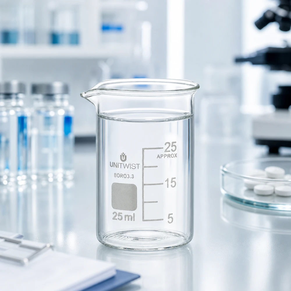 Vaso de precipitados UNiTWIST de 25 ml, de forma baja, fabricado en borosilicato 3.3, junto a un microscopio y unos comprimidos en el laboratorio