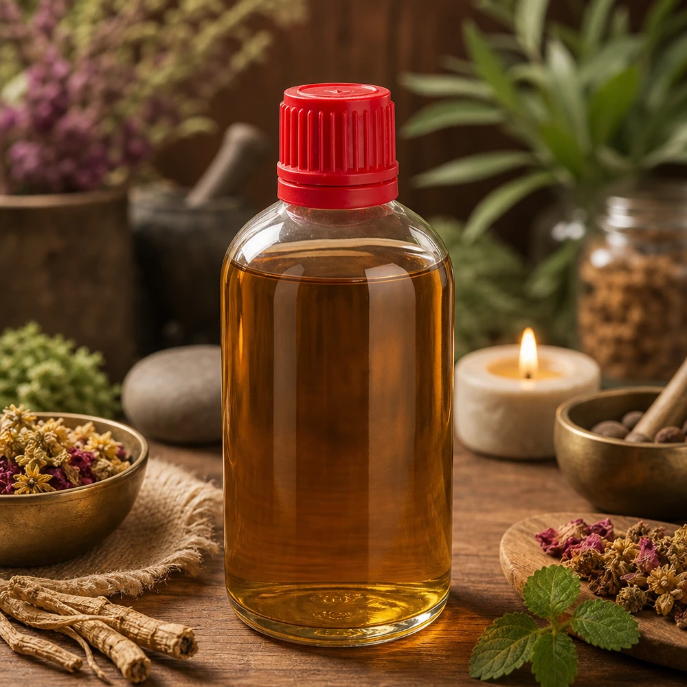 Pequeño frasco de farmacia de 100 ml con tapón de seguridad rojo para aceites esenciales y productos naturistas