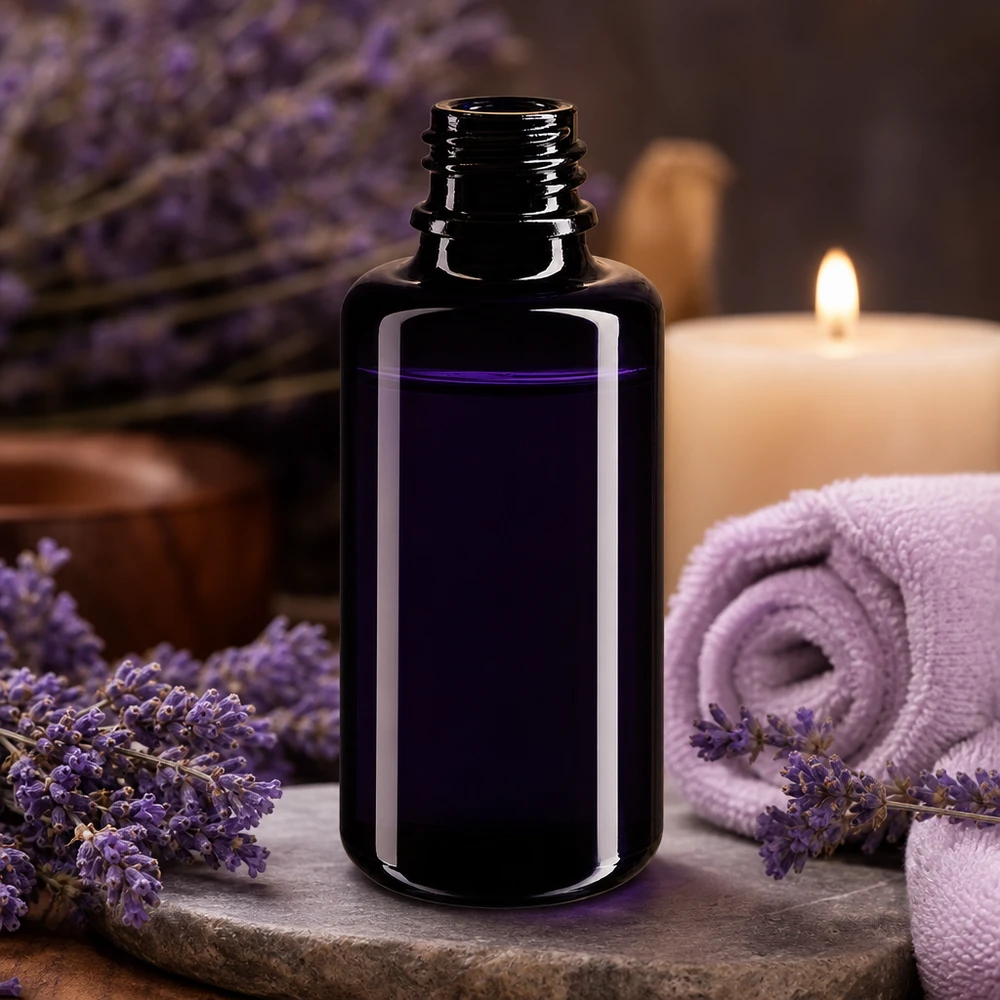 Elegante frasco cuentagotas Orion de 30 ml en vidrio violeta oscuro para aromaterapia y bienestar