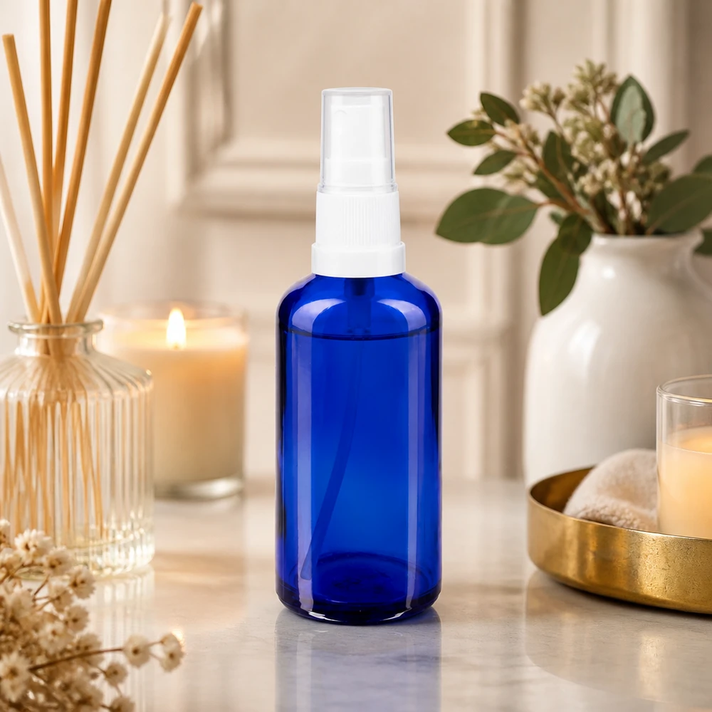 Frasco pulverizador de cristal azul de farmacia de 50 ml con cabezal pulverizador transparente, con un diseño inspirado en un spa