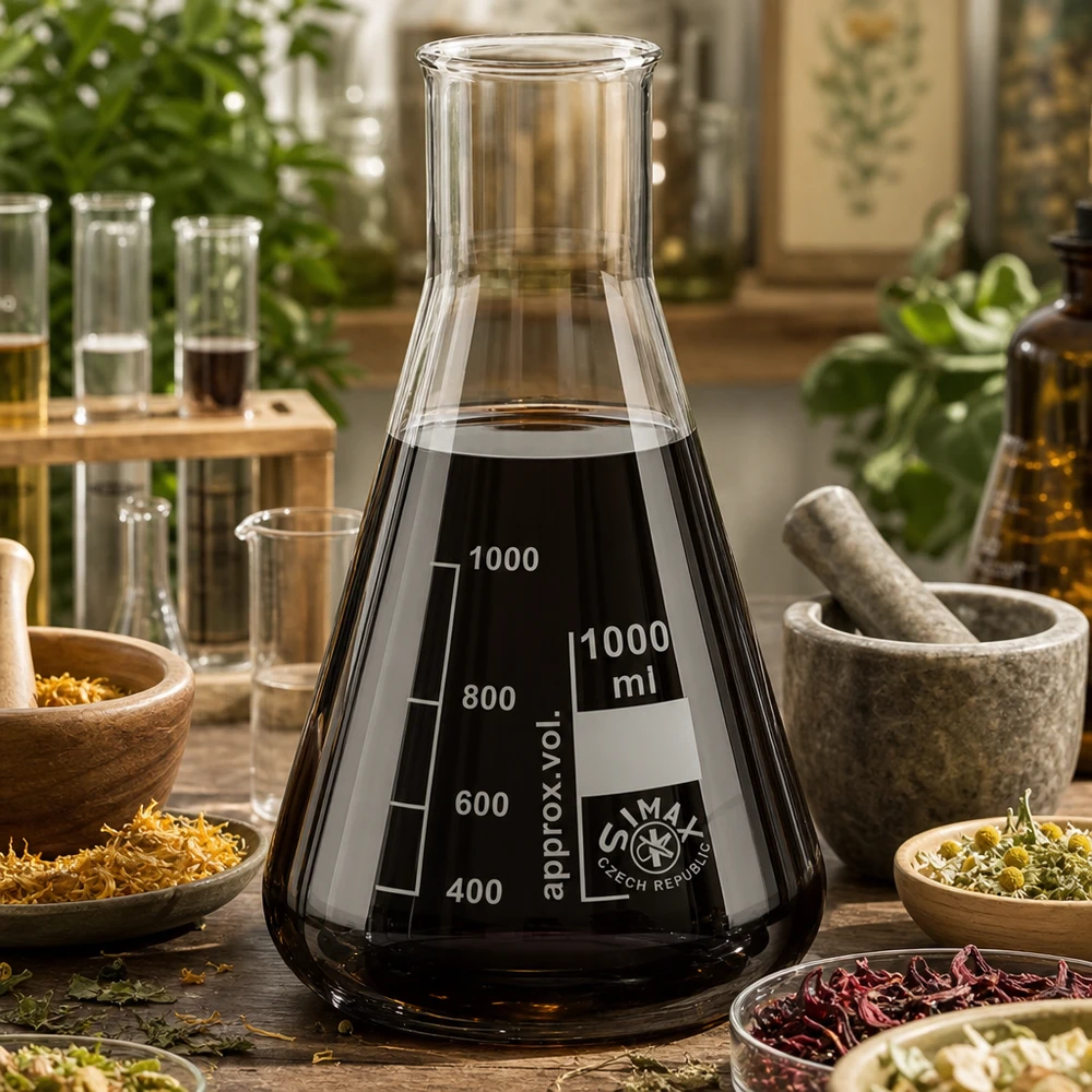 Erlenmeyer 100ml cuello ancho Gran matraz Erlenmeyer 1000ml con líquido negro y graduación entre hierbas naturales