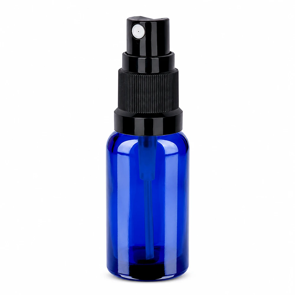 Frasco pulverizador compacto de cristal de 20 ml en elegante azul con pulverizador de bomba negro para una dosificación precisa