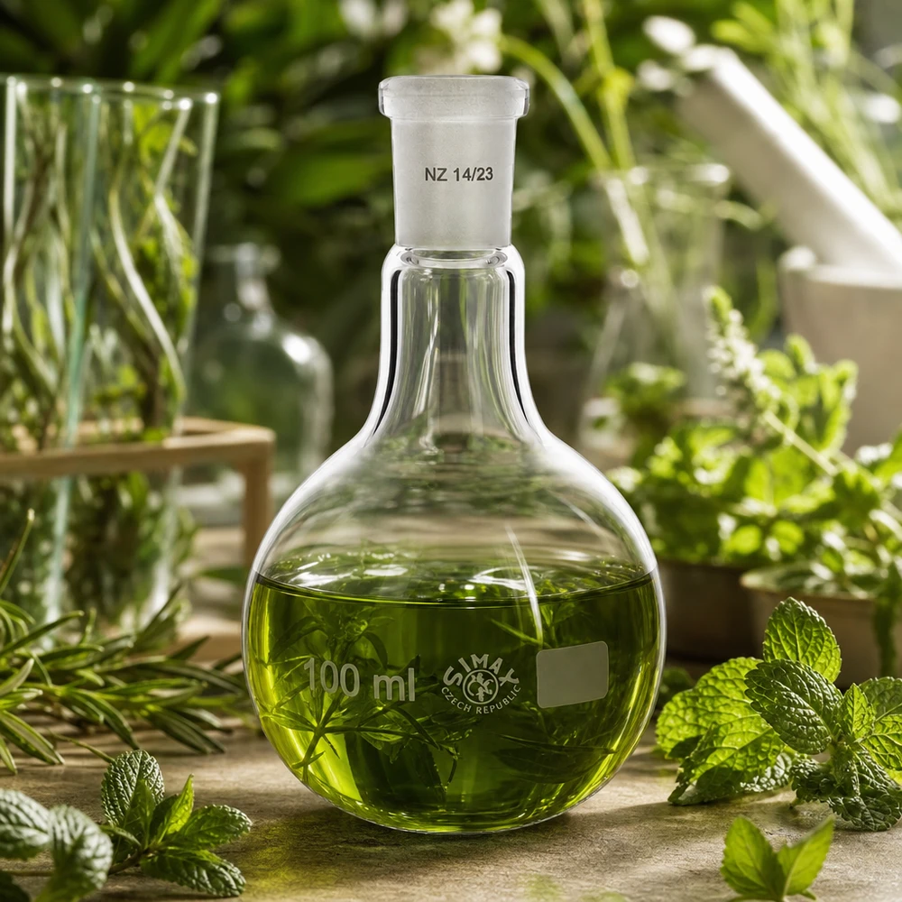 Matraz Erlenmeyer 100ml con junta esmerilada estándar (14/23) Frasco de pie de 100 ml con solución verde y decoración de menta para procedimientos de extracción botánica