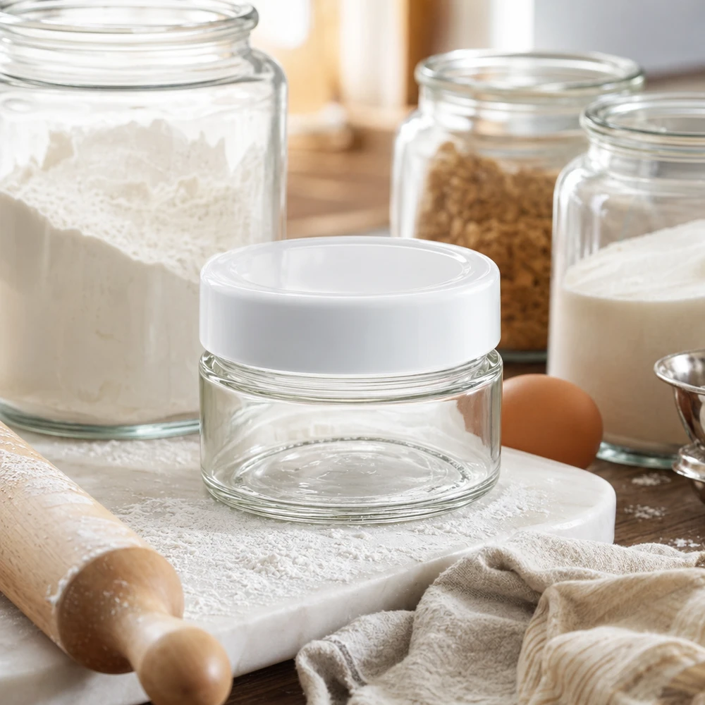 Tarro redondo de 80 ml con tapa BasicSeal en la cocina con ingredientes para hornear - versátil recipiente de vidrio para alimentos