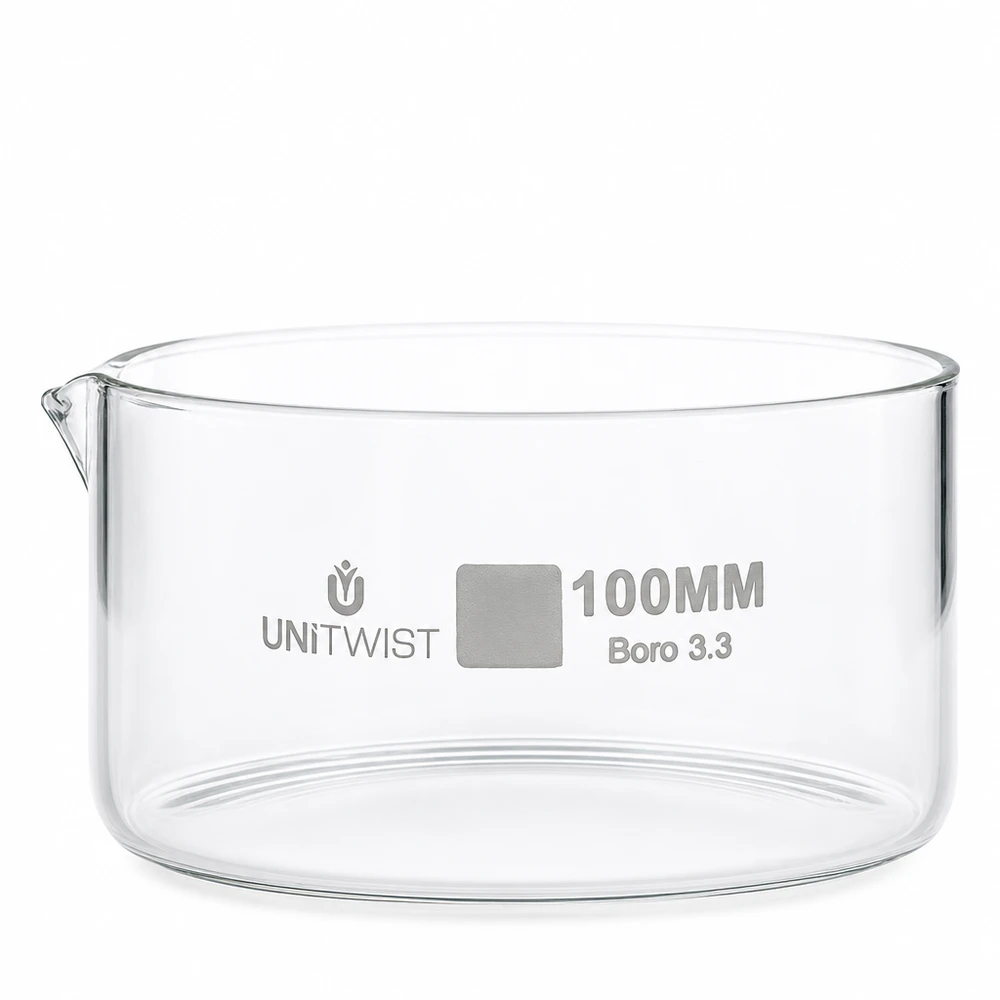 Recipiente de cristalización de 100 mm, de vidrio borosilicato UNiTWIST Boro 3.3, transparente, cilíndrico y con pico vertedor