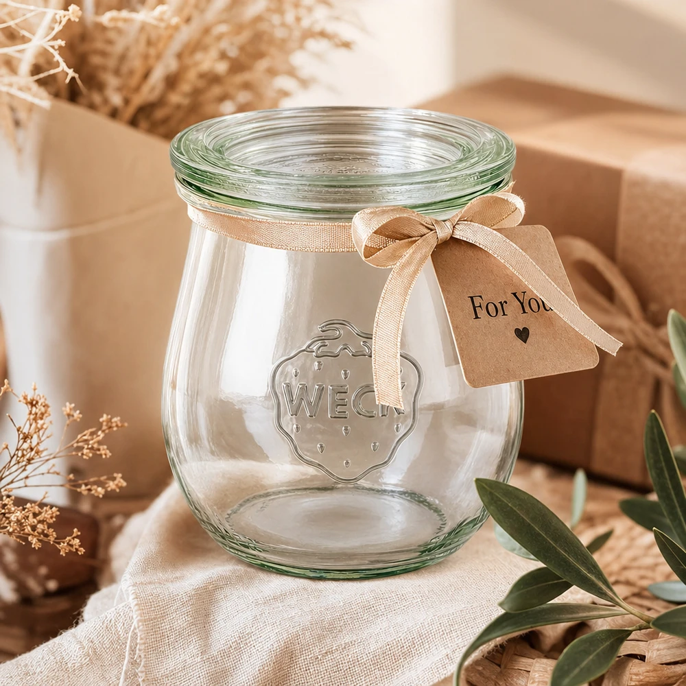 Tarro de cristal con forma de tulipa de 220 ml con tapa de cristal WECK RR60 Tarro tulipán WECK 220ml RR60 de regalo decorado con un lazo beige y etiqueta For You en un ambiente natural