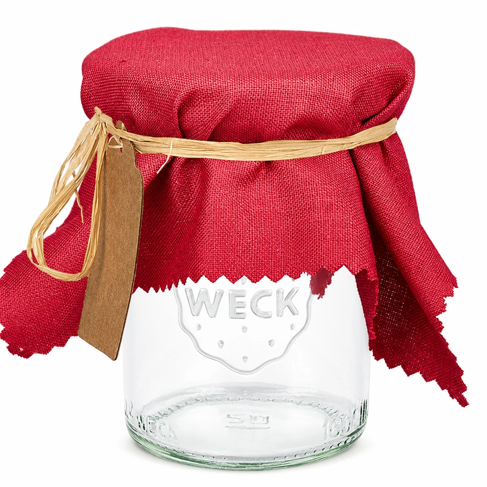 Alfombra de tela para bisutería burdeos 15cm cuadrado Tapa decorativa rectangular de tela rojo burdeos de 15 cm sobre tarro de conserva WECK con anillo de goma y etiqueta de madera