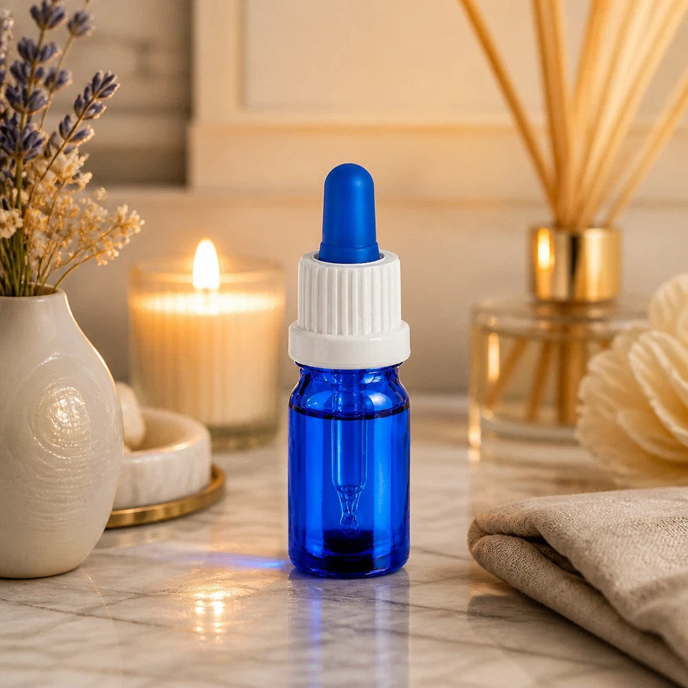 Elegante frasco pipeta de 5 ml en azul cobalto con pipeta blanca para aromaterapia y cosmética