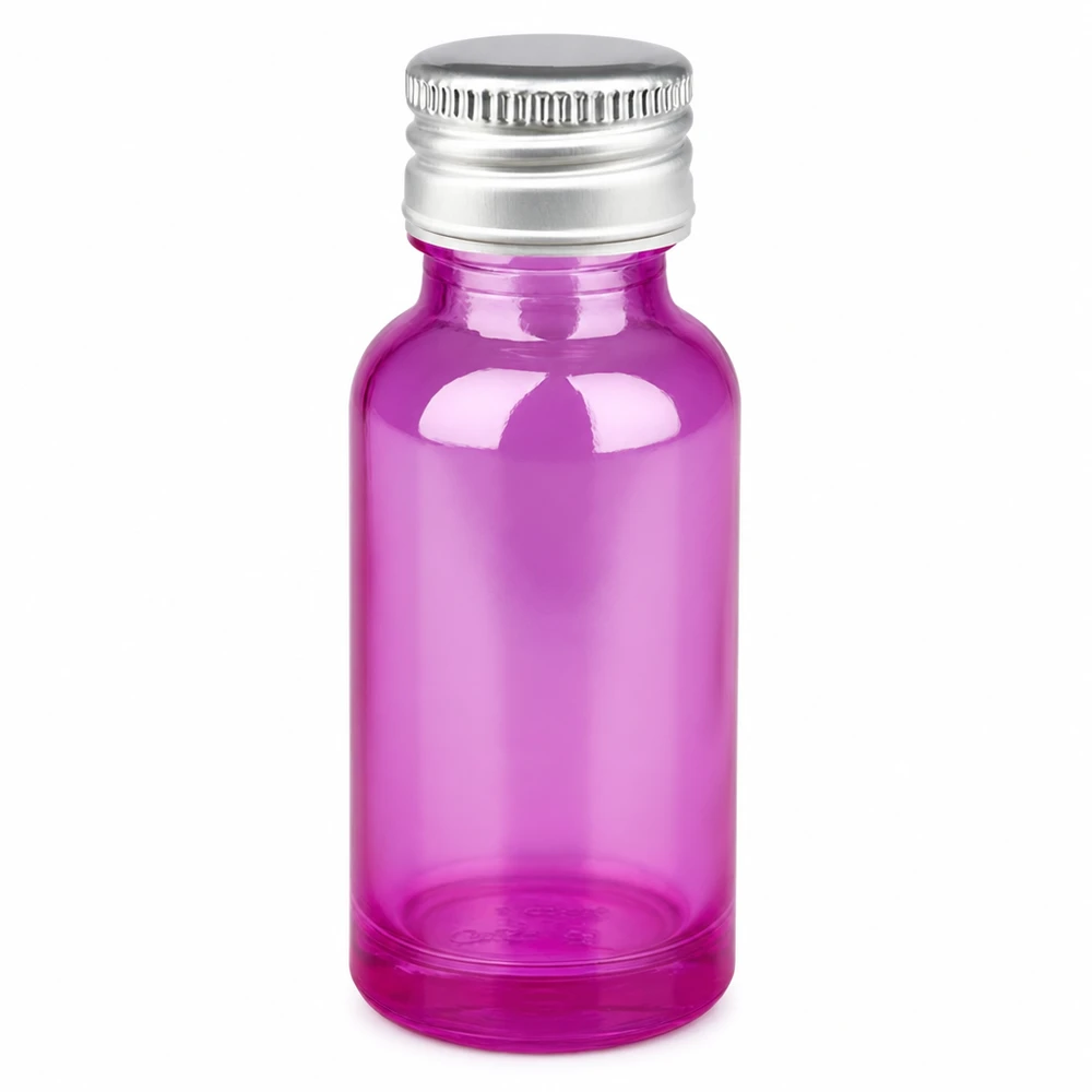 Botella de 20ml 11mm tapón de rosca aluminio-plata estándar PurpleLine.UT18/20 Frasco de vidrio morado de 20 ml con tapón de aluminio plateado para cosméticos y aceites esenciales