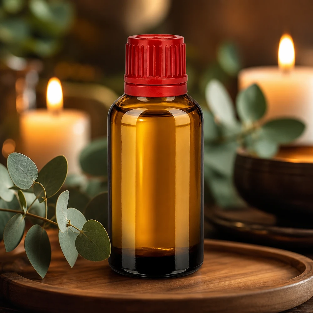 Pequeño frasco de vidrio de 30 ml en marrón con tapa roja ideal para aromaterapia y cosmética