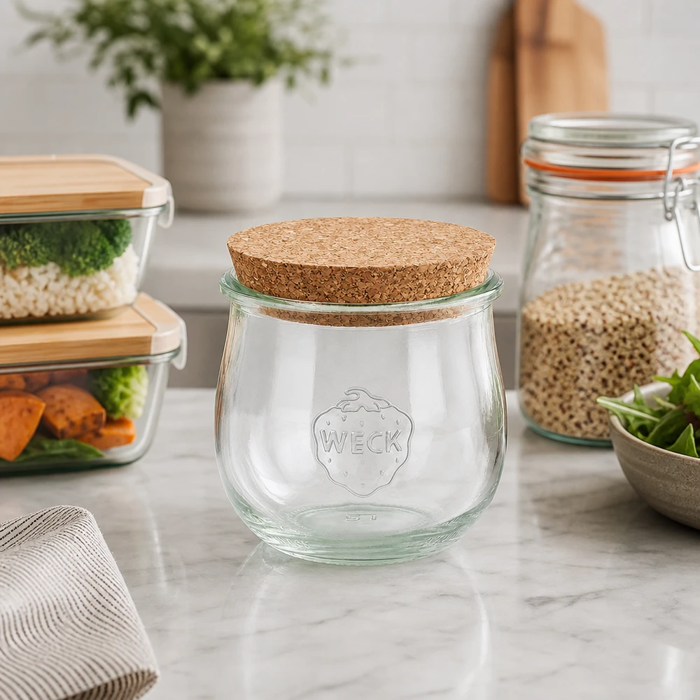 Tarro tulipa 370ml WECK RR80 con corcho natural Tarro tulipán WECK 370ml RR80 tapa de corcho en una cocina moderna junto a tarros de almacenaje y recipientes de preparación de comidas sobre mármol