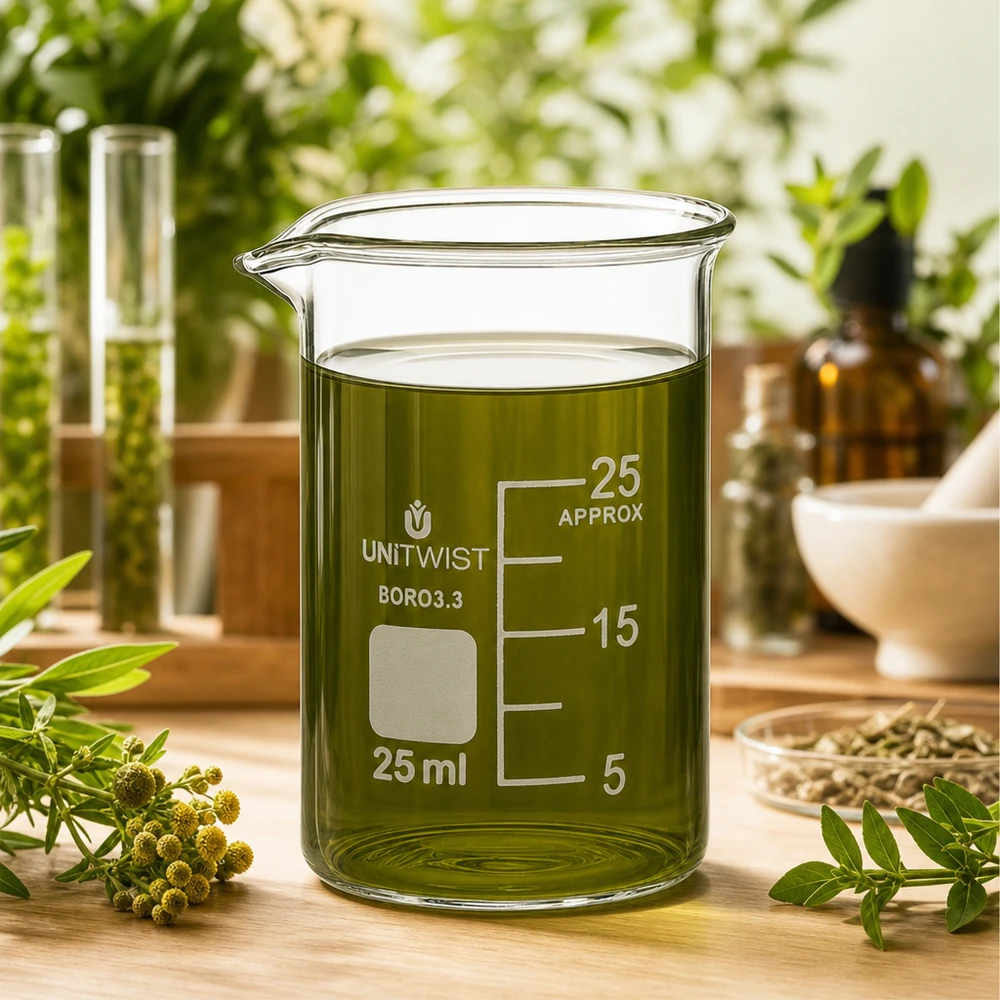 Vaso de cristal UNiTWIST de 25 ml con extracto de hierbas verdes, rodeado de plantas medicinales frescas sobre una base de madera