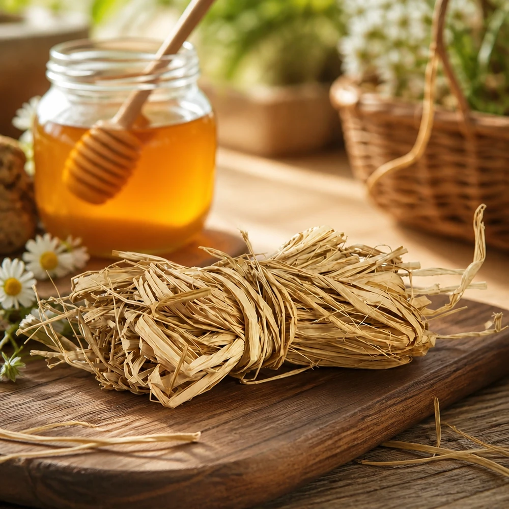 Rafia natural 30g sobre tabla de madera con miel y flores decoración rústica para proyectos de manualidades naturales y envolver regalos
