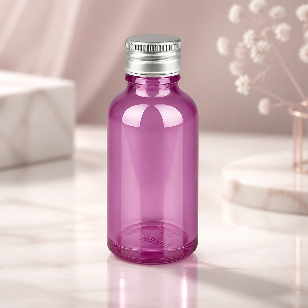 Frasco de vidrio púrpura transparente de 30 ml con tapón de aluminio brillante para aromaterapia